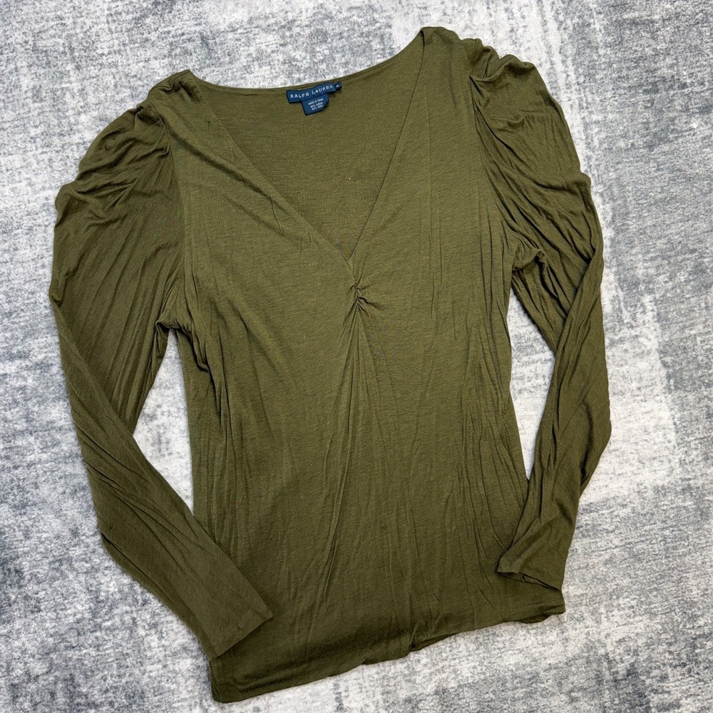 Vintage Ralph Lauren‎ Top Womens XL Olive Green Modal Wool Puff Shoulder Y2K - Picture 2 of 12